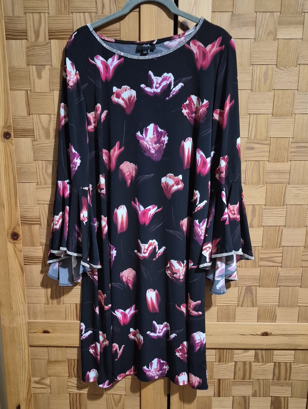 MSK Black Dress with Pink Floral Tulip Print and Bell Sleeves